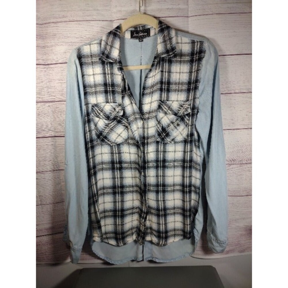 Sam Edelman Women Blue Denim with Plain Front Button-Up Long-Sleeve Top, Size M